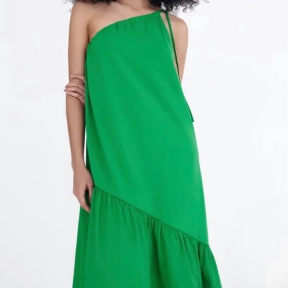New Zara VIRAL Asymmetrical Tier Seam Cotton Tie Shoulder Kelly Green Dress - Picture 5 of 6